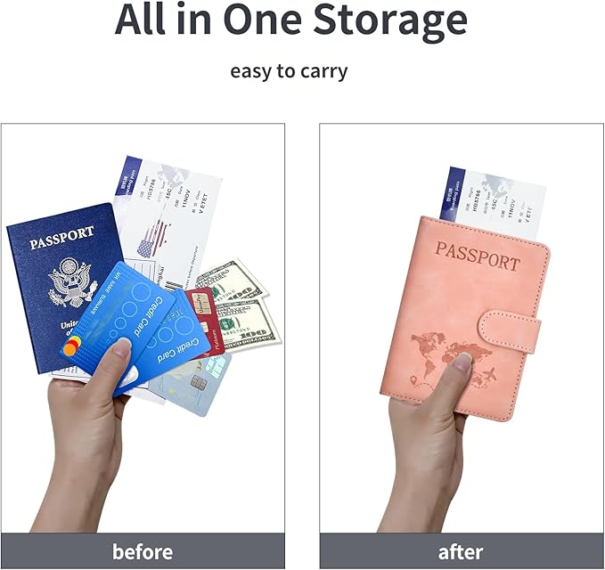 Passport Holder, Passport Cover with Credit Card Slot and Boarding Pass Slot Combo, Passport Wallet Case Book Travel Must Have, RFID Blocking Leather Travel Accessories, Pink