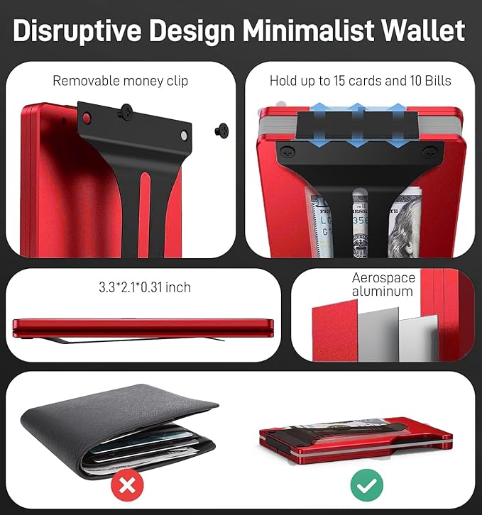 Carbon Fiber Minimalist Wallet for Men Credit Card Holder Money Clip & Cash Strap Slim RFID Mens Wallets-Matt Red