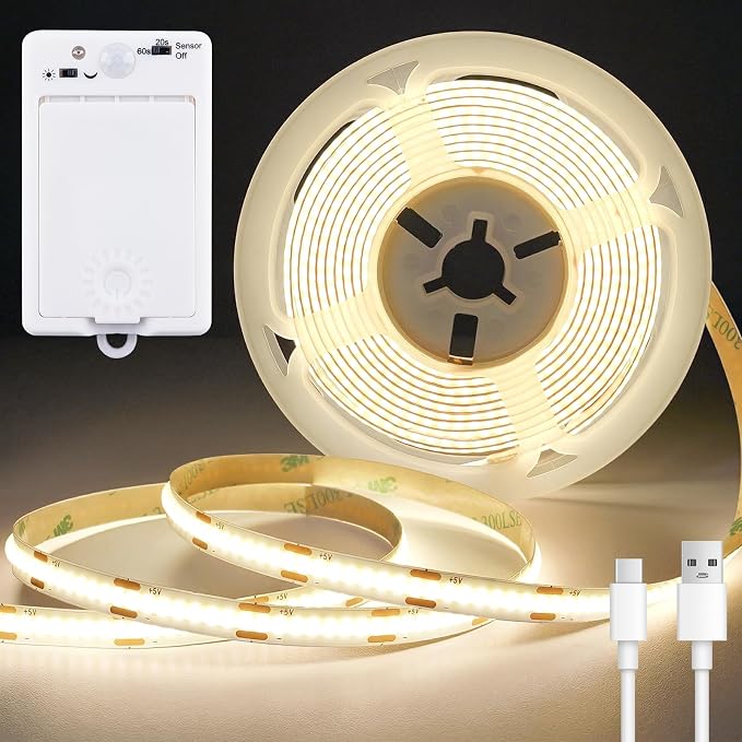 OMIKA COB Rechargeable Motion Sensor Light Indoor, 6.56FT 640LEDs 4000K Natural White Closet Lights, 1500mAh Cuttable Led Light Strip for Cupboard, Bed, Shelves, Wardrobe, Hallway, Cabinet