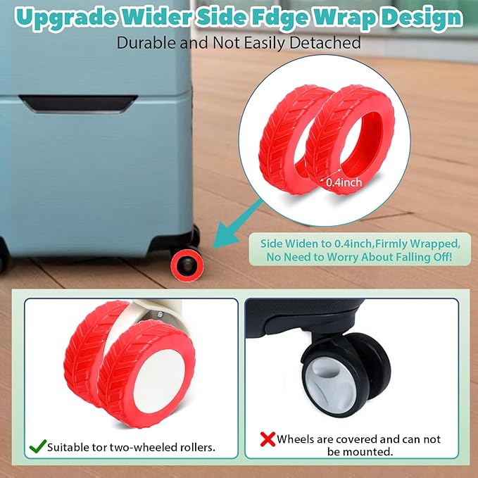 Ymapinc 8-PCS Red Silicone Luggage Wheel Covers, Anti-Slip Suitcase Protectors for 2.1-2.4 Inch Rolling Roller Wheels