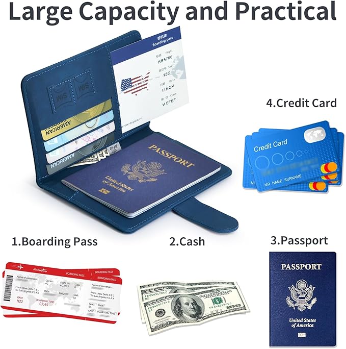 Passport Holder, Passport Cover with Credit Card Slot and Boarding Pass Slot Combo, Passport Wallet Case Book Travel Must Have, RFID Blocking Leather Travel Accessories, Dark Blue