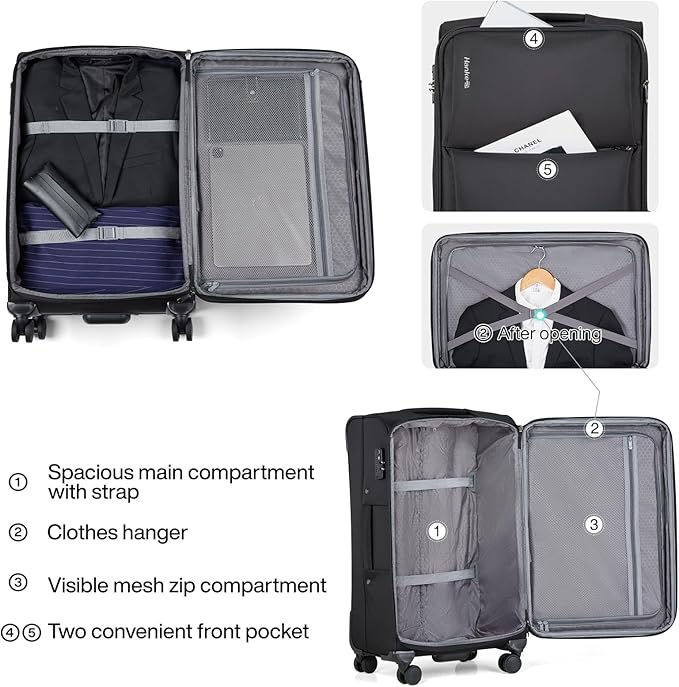 Hanke 24 Inch Luggage Expandable Softside Checked Suitcases with Spinner Wheels, Upright Rolling Luggage Suitcases Travel TSA Luggage Bag for Women Men(Black)