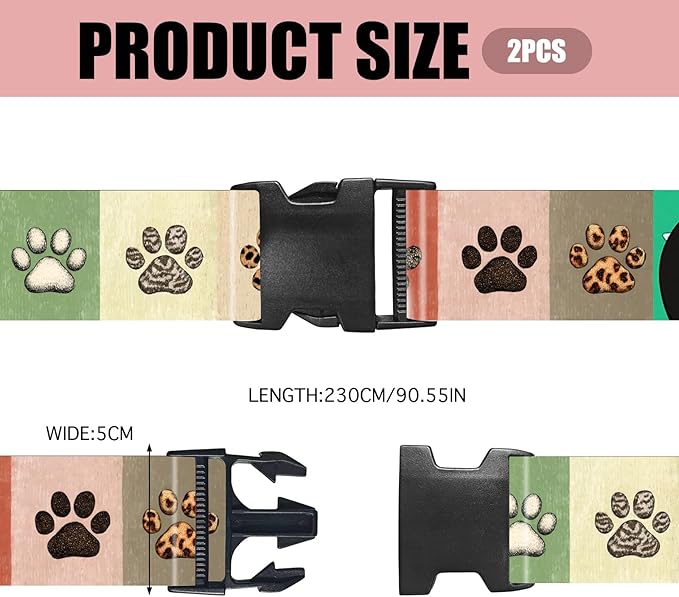Nuxovilar Luggage Straps of 2 Set Colorful Paw Prints Pattern, 1.96x90.5 inches - Luggage Straps for Suitcases, Ideal for Pet Lovers, Travel, Daily Use