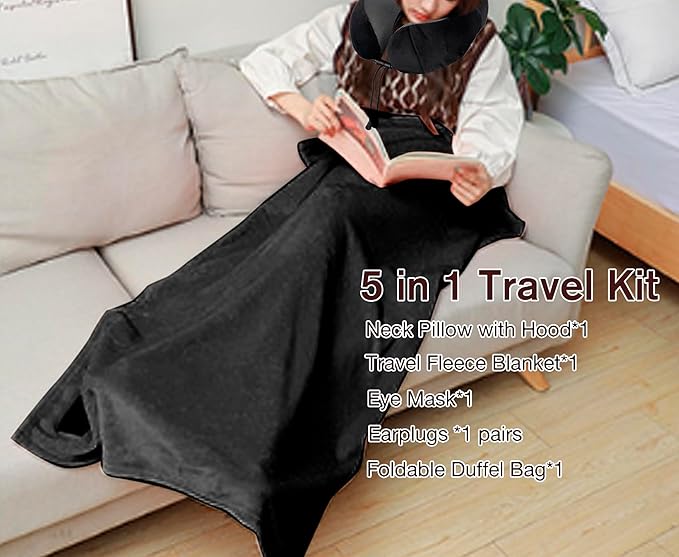 Travel Blanket Pillow Set - Travel Neck Pillow & Blanket for Airplane, Thick Fleece Plane Blanket, Hooded Memory Foam Neck Pillows, Foldable Duffel Bag, Sleep Mask, Earplugs for Plane Traveling, Black