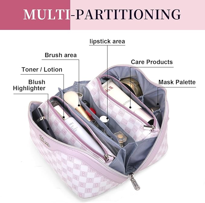 BOYATU Travel Makeup Bag Organizer Cosmetic Bag: 3 Pcs Set Make up Bags for Women with Handle - Waterproof Vegan Leather Toiletry Bags Travel Essentials Pouch with Compartments (H-05-Pink)