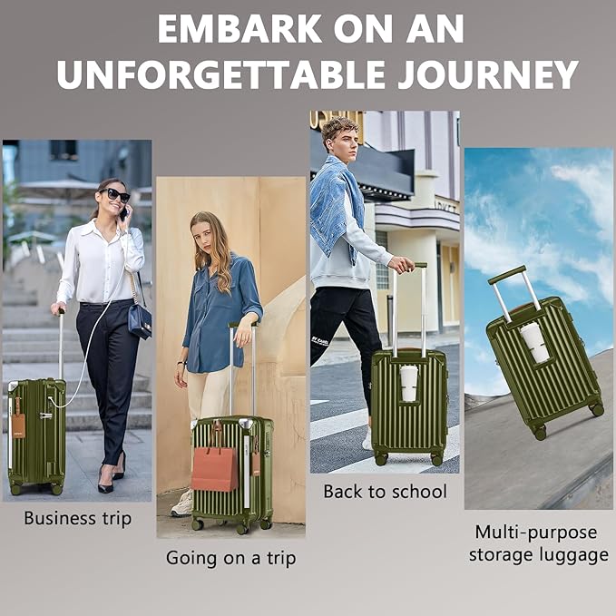 Joyway 20in Carry On Luggage with Cup Holder and USB Port, 25% Expandable Capacity, Smart Suitcase with Anti Slip Wheels and Handbag, Perfect for Men and Women 3 Piece Set DarkGreen