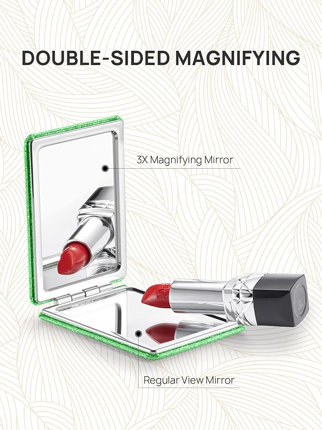 OMIRO Compact Mirror, Glitter PU Leather 1X/3X Magnification, Ultra Portable for Purses, 2.4" W x 3.4" L (Green)