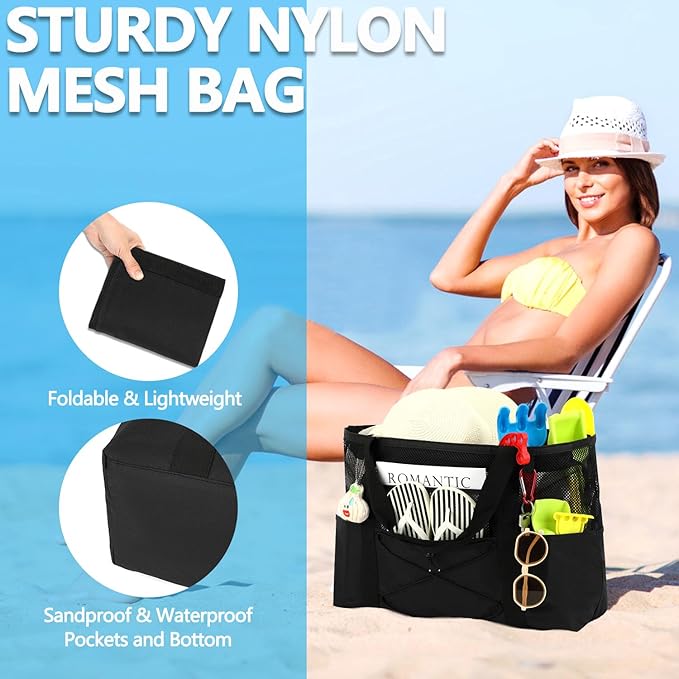 Fammart Mesh Beach Bag, Large Beach Tote with Zipper Pocket, Toys Pool Bag for Family Travel Vacation Cruise Essentials