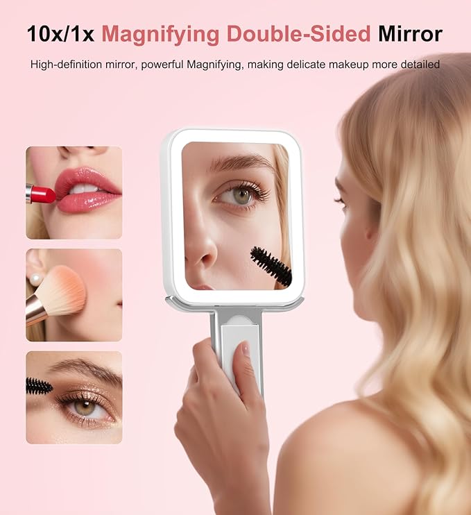 Travel Makeup Mirror with Lights 10X/1X Double-Sided Magnifying LED Beauty Mirror Rechargeable Portable Vanity Mirror with 3 Color Lighting Smart Touch Dimming Desktop Handheld Hanging