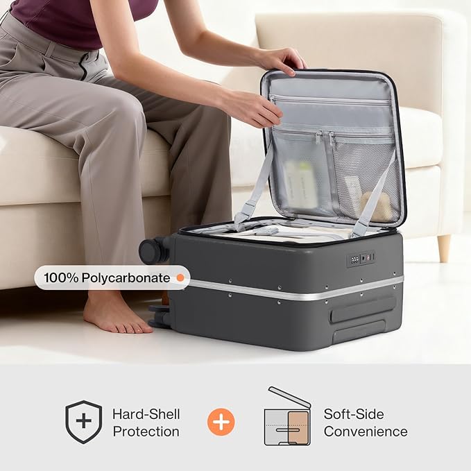 mixi 17x14x9 Carry On Luggage Underseat PC Hard Shell Suitcase Top Opening Aluminum Frame Travel Suitcases with Wheels, Rock Gray