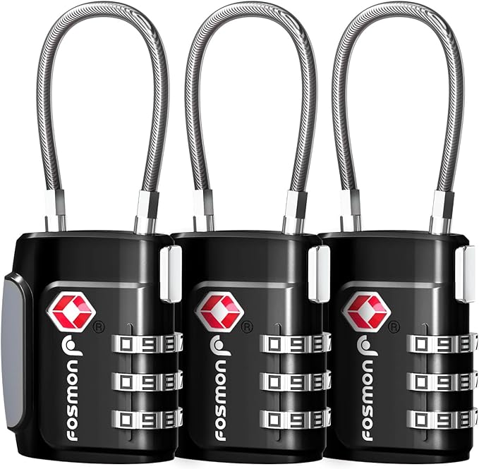 Fosmon TSA Approved Cable Locks for Luggage, Suitcase, Gun Case Lock with Push Release Button, 3 Digit Long Shackle Combination Wire Lock for Backpack