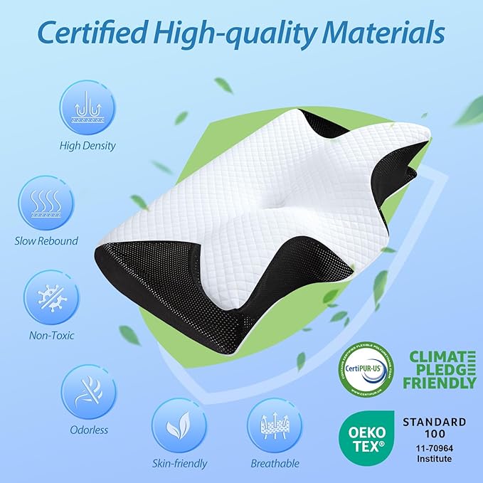 HOMCA Memory Foam Cervical Pillow, 2 in 1 Ergonomic Contour Orthopedic Pillow for Neck Pain, Contoured Support Pillows for Side Back Stomach Sleepers