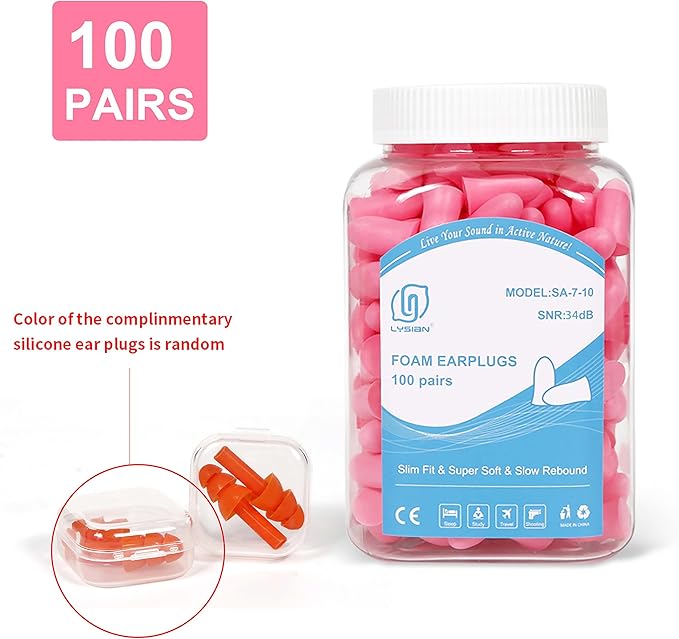 LYSIAN Slim Size Foam Ear Plugs for Noise Reduction Small Ear Women, Kids-35dB SNR Noise Cancelling Earplugs for Sleeping, Snoring, Fireworks, Shooting, Study Loud Noise, Pink-100 Pairs,