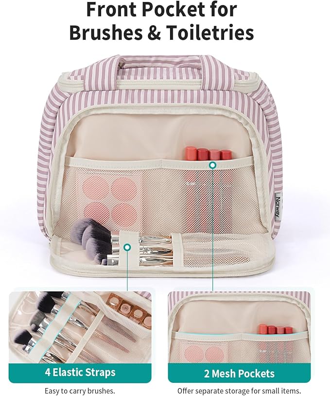 Narwey Striped Travel Toiletry Bag Large Makeup Bag for Women, Wide-open Cosmetic Make Up Organizer with Handle, Travel Bag for Toiletries, Essentials, Accessories (Dusty Pink Stripe)