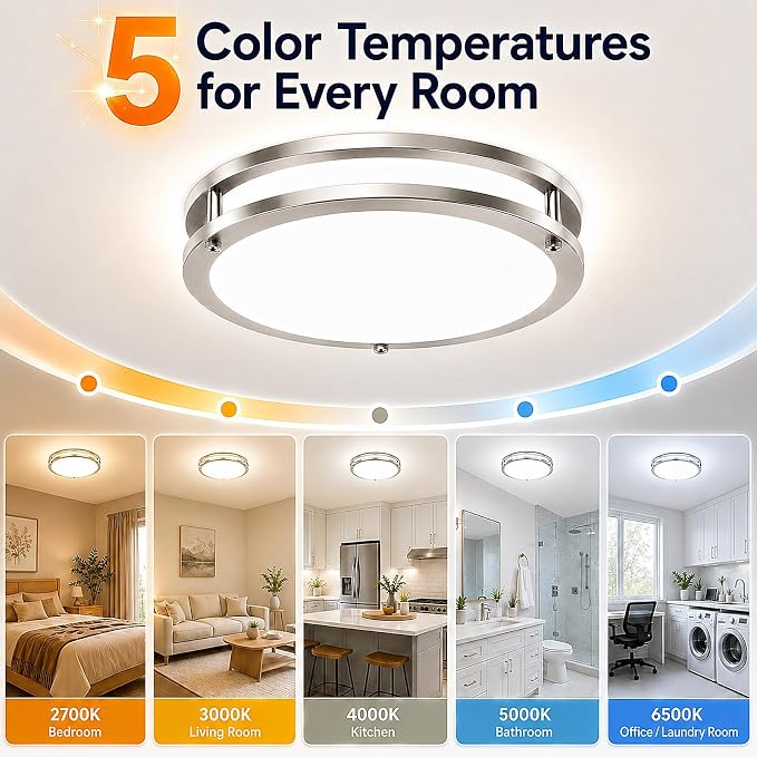 2-Pack 16 inch Large Dimmable LED Flush Mount Ceiling Light Fixture, 50W 5400 Lumen Bright Brushed Nickel Light Fixture for Bedroom Kitchen Living Room, 2700K/3000K/3500K/4000K/5000K Selectable