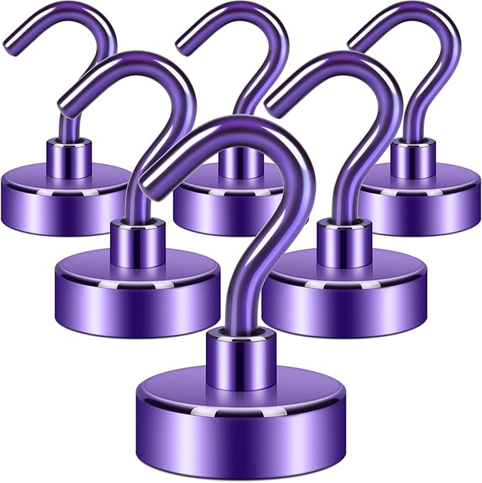 Neosmuk Magnetic Hooks,Heavy Duty Earth Magnets with Hook for Refrigerator, Extra Strong Cruise Hook for Hanging, Magnetic Hanger for Cabins, Grill (Purple, 6 Pack)
