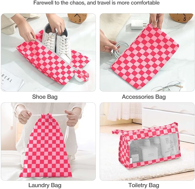 8 Set Packing Cubes for Suitcases,Packing Cube with Shoe,Cosmetics,Clothing, and Accessories Bags Packing Cubes for Travel Luggage Organizer Women Men(Rose Checkered)