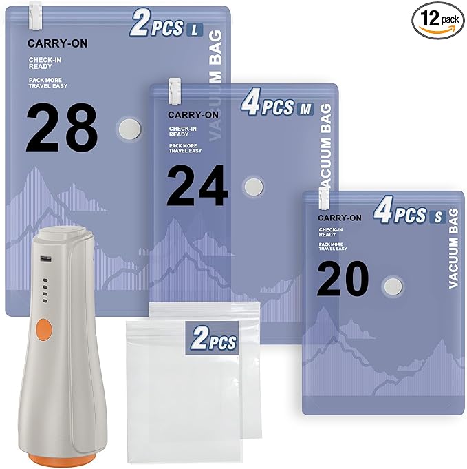 QcoQce Wireless Vacuum Storage Bags with Pump, 12-Pack (2 L/4 M/4 S/2 Bonus),Space Saving Bags for Travel, Moving & Home Organization,Compression Packing Cubes for Suitcase, Closet & Cruise Must Haves