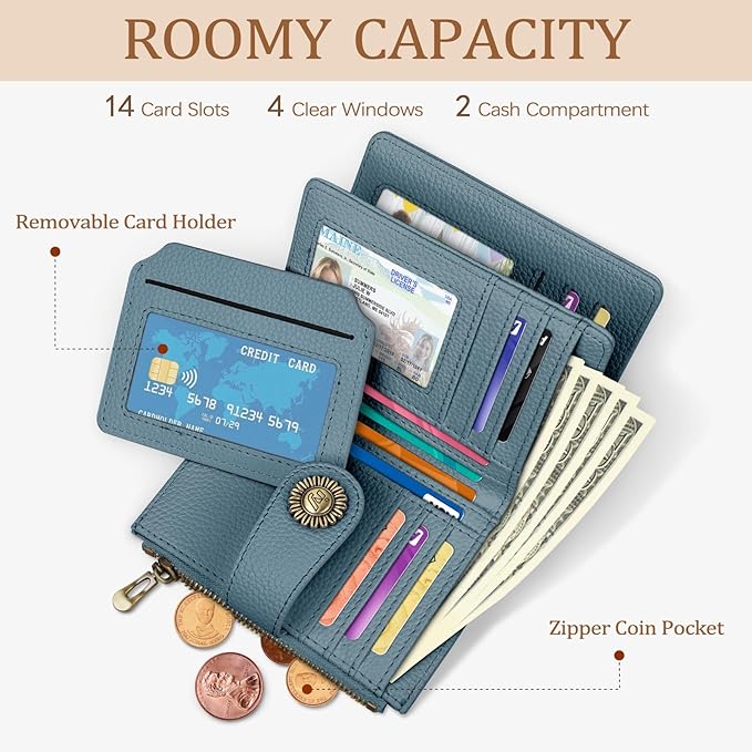 Icycay Blue Small Wallet Women RFID Blocking Bifold, Credit Card Holder, Zipper Coin Pocket, PU Leather, Compact, Travel, 4 ID Window, 14 Card Slots, Cash Purse, Ladies Woman Female Girls