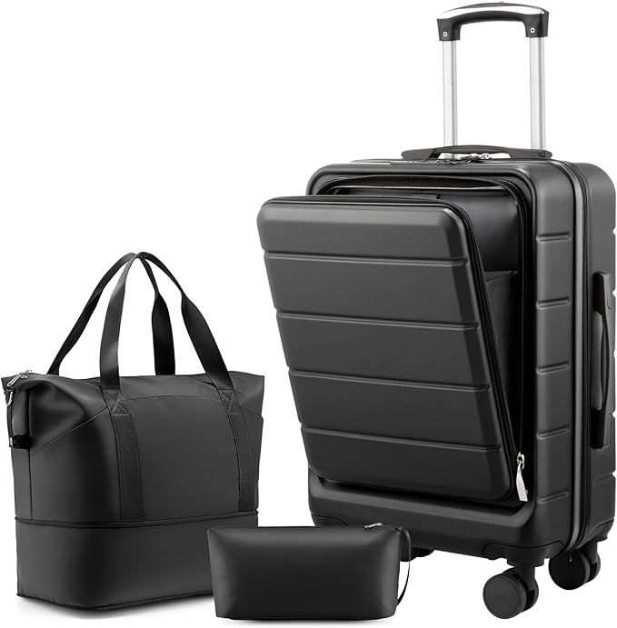 Carry On Luggage 22x14x9 Airline Approved, 20" Hardside Suitcase with Front Pocket for Laptop, Lightweight Spinner Luggage with TSA Lock & Matching Tote Bag (3 Piece Sets, Black)