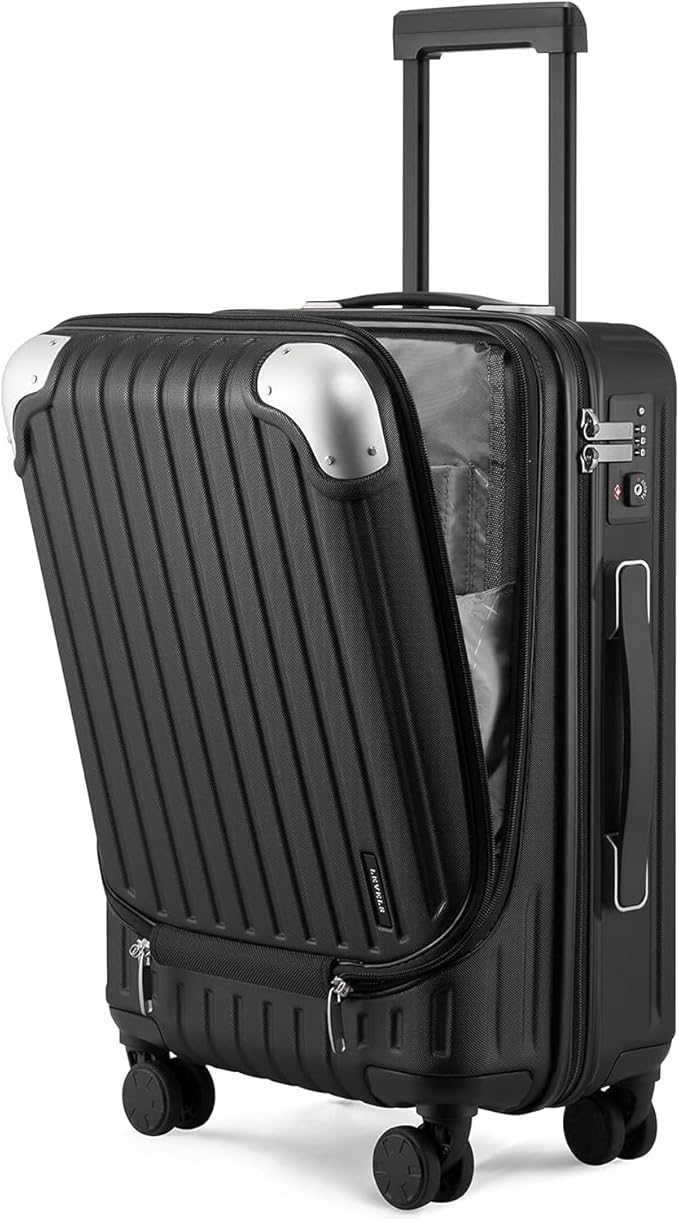 LEVEL8 Lightweight Carry-on Suitcase 20-Inch,Expandable 4 Wheel Hand Luggage, ABS+Poly-Carbonate Hardshell Spinner Trolley for Luggage with Double TSA-Approved Locks, Black, 37*24*55.5CM, Casual and