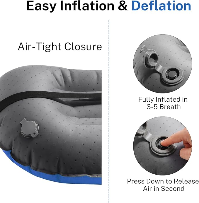 Camping Pillow-Compressible, Ultralight Inflatable,Compact, Comfortable, Ergonomic Inflating Pillows for Neck & Lumbar Support While Camp, Hiking(Navy Blue,with Anti Slip Straps)