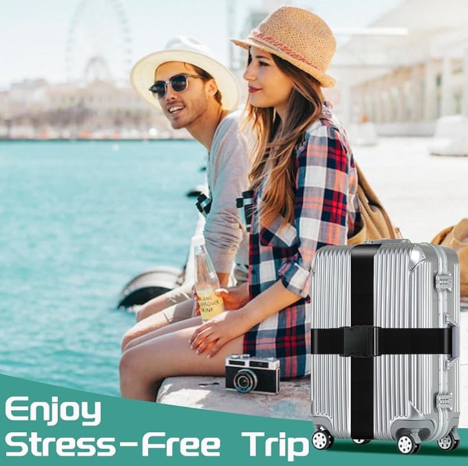 Slohif Luggage Straps for Suitcases Travel Belt Accessories Luggage Connector Identifiers 2 Pack Over Handle with Buckle Unique Nylon Adjustable Strap for Sleeping Bag Car Seat Black