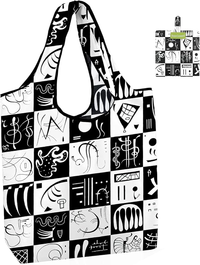 BeeGreen Oil Painting Aesthetic Tote Bag - Large Reusable Grocery Bag, Polyester Grocery Bags Gifts for Women,Foldable, Washable, Packable with Handles & Pouch for Shopping, Beach, Work, Summer