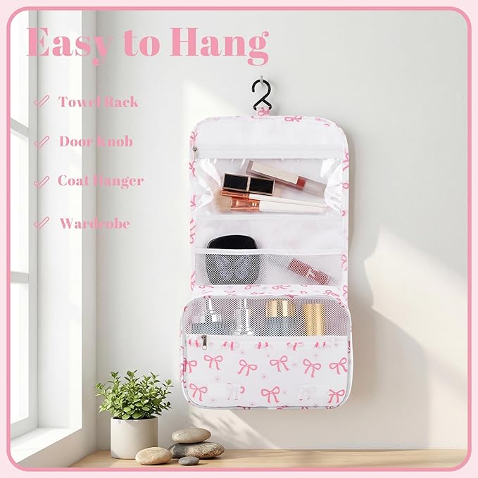 Pengxiaomei Hanging Toiletry Bag, Pink Bow Waterproof Cosmetic Bag Portable Makeup Pouch Wash Bag with Handle for Kids Teen Girls Tea Party Spring Party Mothers Day Gifts