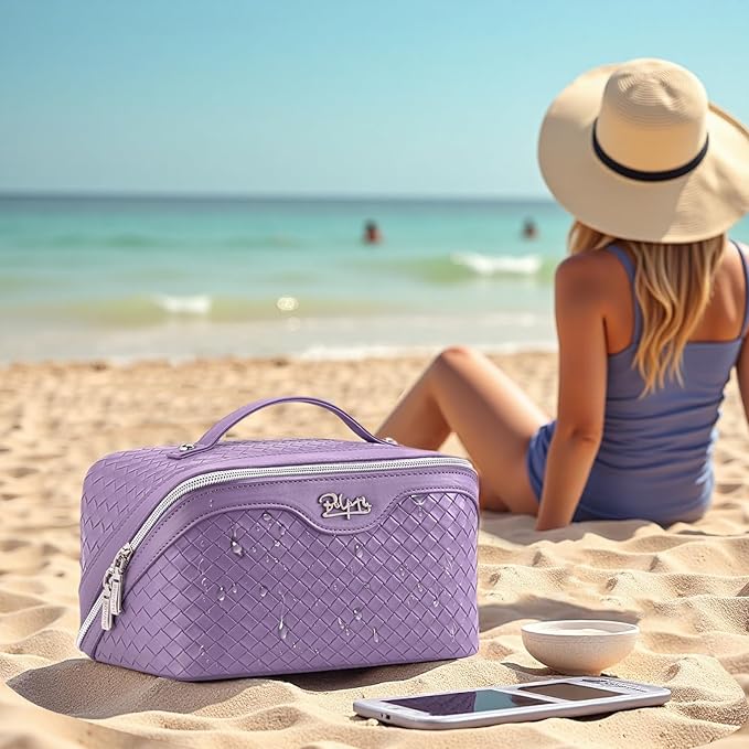 BOYATU Travel Makeup Bag Cosmetic Bags for Women: Large Capacity 3 Pcs Set Make up Bag with Compartments - Waterproof Vegan Leather Toiletry Organizer Bags with Handle (L01 Purple)