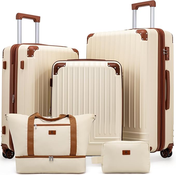 KUNEL Expandable 5 Piece Luggage Sets with Detachable Spinner Wheels and TSA Lock, Unisex Hardside ABS Suitcase Set, Hardshell Lightweight Waterproof Travel Hard Case Suitcases with Wheels, Beige