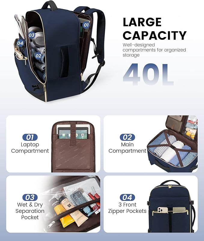 LOVEVOOK Carry On Backpack, 40L Travel Backpack Women with 3 Packing Cubes, TSA Airline Approved Suitcase Bag as Personal Item, Waterproof 17 inch Laptop Backpack for Weekender Overnight, Dark Blue