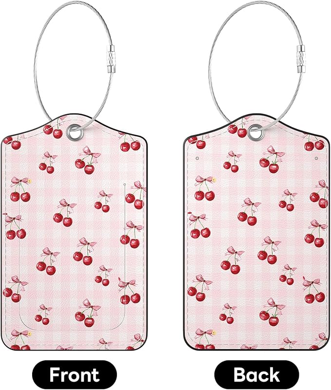 2 Pack PU Leather Luggage Tags for Suitcases, Privacy Protection Cover with Stainless Steel Loop and Address Card, Travel Cruise Essentials (Red Cherries)