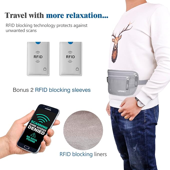 Money Belt for Travel, Slim RFID Blocking Women and Men Hidden Travel Pouch Under Clothes, Passport Holder Protect Cash, Documents, Credit Card, Bonus 2 RFID Sleeves