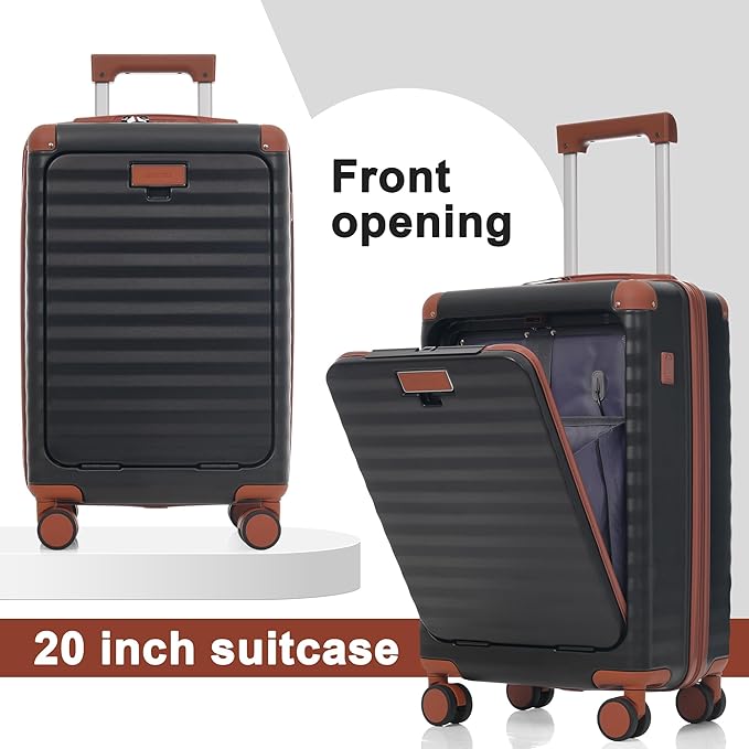 Merax Luggage Sets Front Opening, 3 Piece Hardshell Suitcase with Spinner Wheels and Bags,Lightweight Carry on Luggage with USB Port and Cup Holder,20+24+28,Black and Brown
