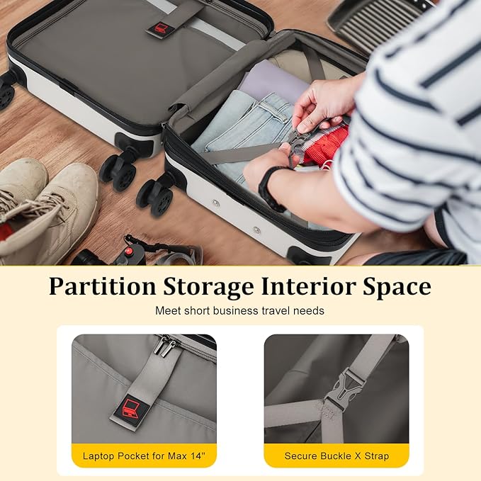 16 Inch Underseat Carry On Luggage Airline Approved, Expandable Lightweight ABS+PC Hard Shell Suitcases with 360° Spinner Wheels, TSA Lock, YKK Zipper, for Business Weekender (White, 1 PC)