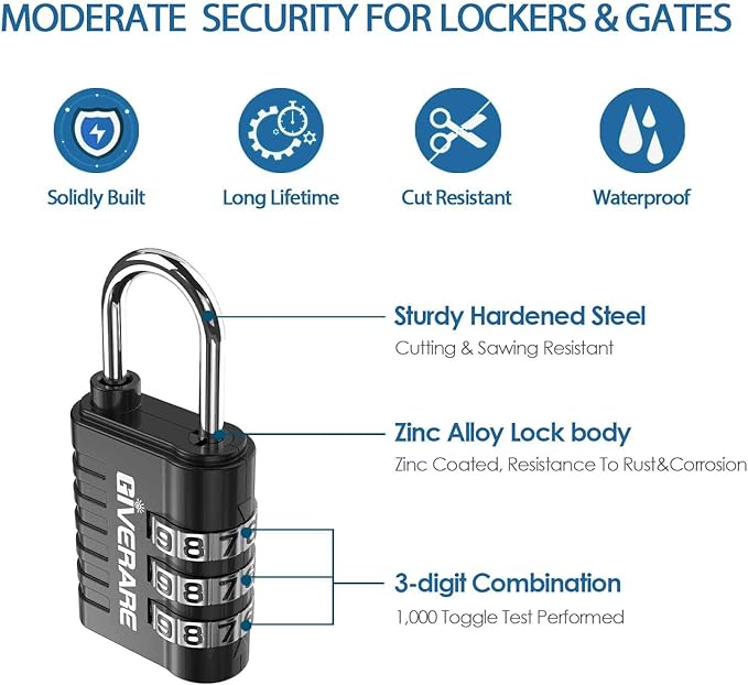 GIVERARE 8 Pack Combination Lock, 3-Digit Padlock Keyless, Resettable Luggage Locks for Backpack, Gym & School & Employee Locker, Weatherproof Travel Lock for Fence, Backyard Gate, Hasp, Case-Black
