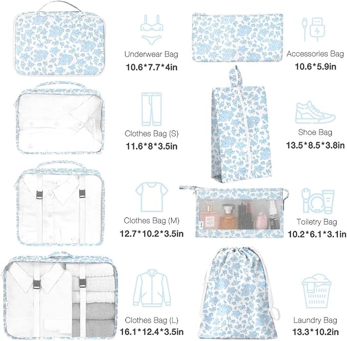 8 Set Packing Cubes for Suitcases,Packing Cube with Shoe, Cosmetics, Clothing, and Accessories Bags Packing Cubes for Travel Luggage Organizer Women Men(Blue Flowers)
