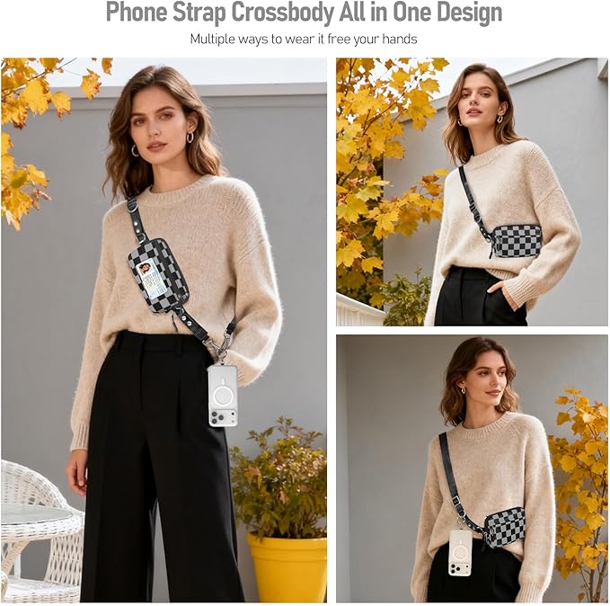 Tiostep Clip and Go Strap for Phone with Wallet Crossbody Phone Lanyard and Detachable Checkered Bag with ID Window and RFID Pouch for Daily Travel.