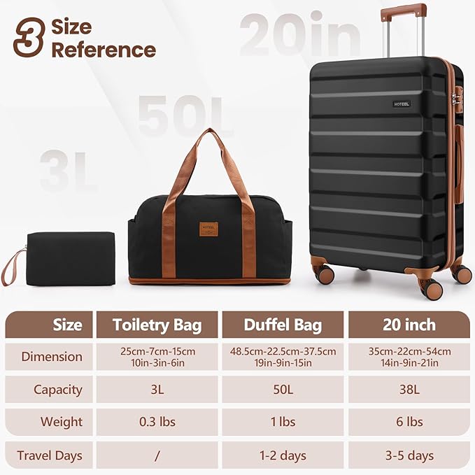 Hoteel Luggage Sets 3 Piece, 4-Year Warranty, Carry-On Luggage with Dual-Spinner Wheels, ABS Hard Shell Suitcase with TSA Locks, 20 Inch Lightweight Luggages for Travel, Black(20IN/DB/TB)