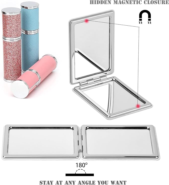 Delicate Compact Travel Vanity Mirror for Girls Women Men, White 2-Sided Folding Makeup Mirrors for Pocket Handbag Purse Wallet, Portable Slim Magnifying Cosmetic Mirror with 3D Shell Pattern