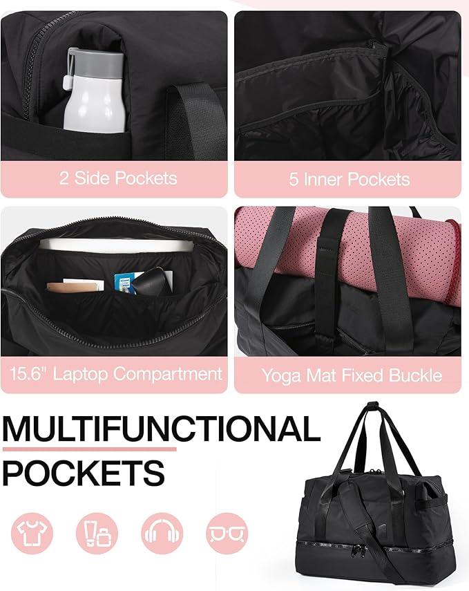 Weekender Bags for Women, BAGSMART Travel Duffel Bags with Shoe Compartment,Personal Item Travel Bag for Airlines, Carry on Overnight Tote Bag with Toiletry Bag(Black,2pcs)