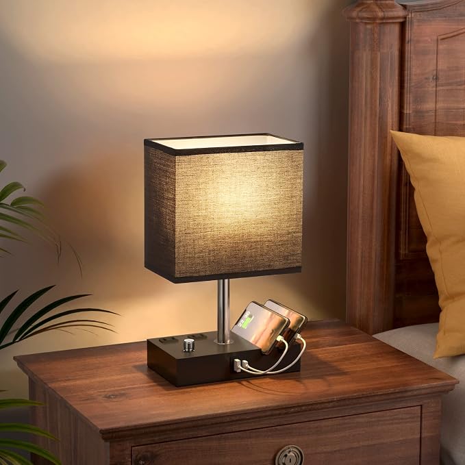 Black Table Lamp for Bedroom - Stepless Dimmable, USB C+A, 2 AC Outlets | Dimming By Rotary Knob, USB C+A Ports, 2 Phone Stands, LED Bulbs Included, Rectangle Black Lampshade, for Living Room, Desk