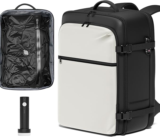 SUOCO Travel Vacuum Backpack with Portable Electric Pump, 45L Carry On Compression Seal Travel Backpack with Vacuum System, Traveling Packing Luggage Suitcase, White