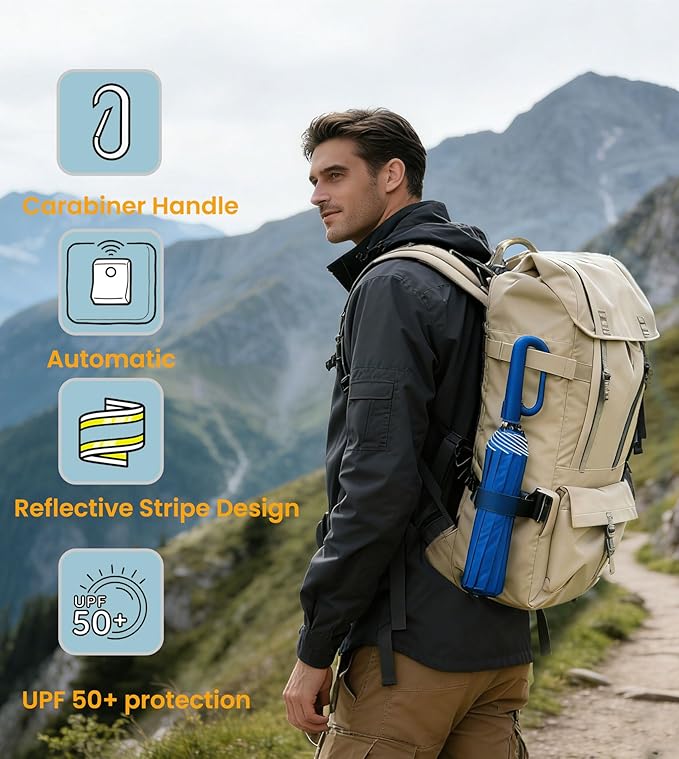 SIEPASA Travel Umbrella with Carabiner Handle - Windproof 10 Ribs Auto Open/Close for Rain & Sun Protection, Compact Portable Clip-on Backpack Design with Safety Reflective Strip.