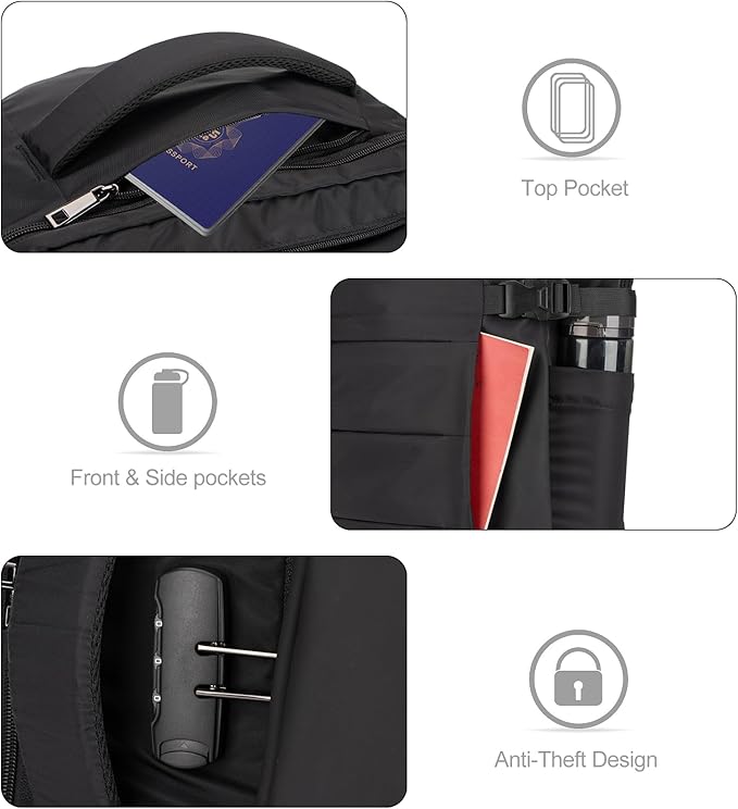 Tzowla 40L Expandable Travel Laptop Backpack for Men Women Carry on Flight Approved,Large Capacity Anti Theft Backpacks with Giant Tumbler Holder Pocket,Personal Item Bag Fit 17.3" Computer（Black