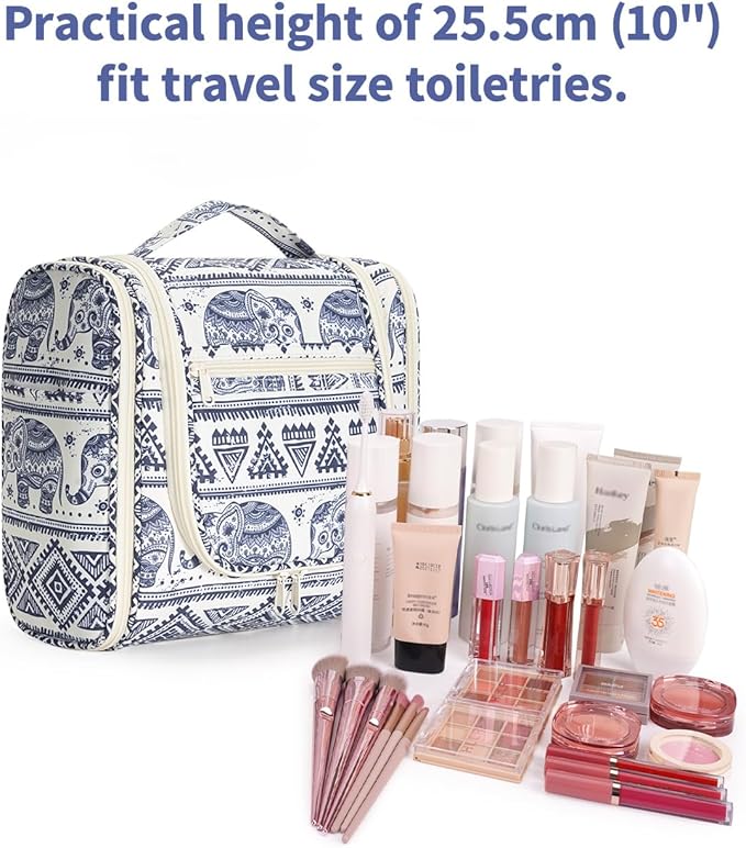 Narwey Hanging Toiletry Bag for Women Travel Makeup Bag Organizer Toiletries Bag for Cosmetics Essentials Accessories (Large, Elephant)