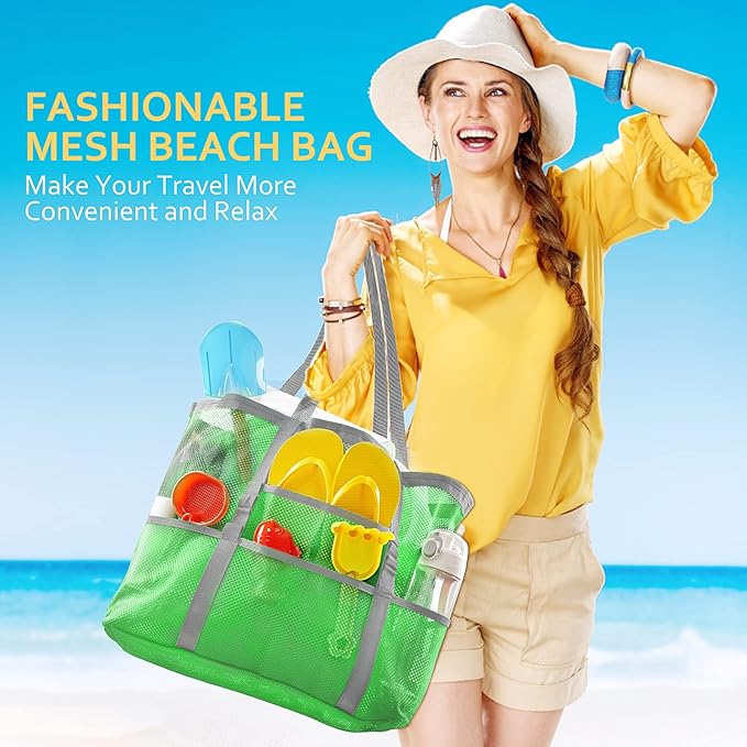 SRISE Mesh Beach Bag - Large Beach Tote Bag for Family Beach Bag for Toys & Vacation Essentials