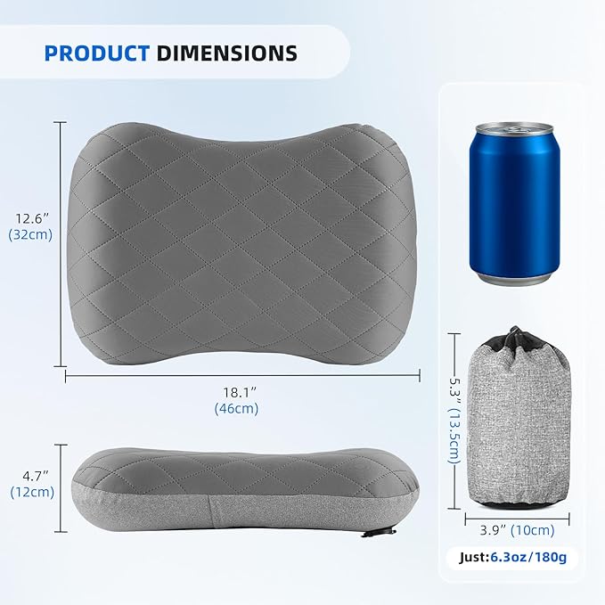 aiGear Inflatable Camping Pillow, Ultralight Compact Air Pillow Ergonomic Neck & Lumbar Support Portable Inflatable Pillow with Removable Washable Cover for Travel Backpacking Hiking (Gray)