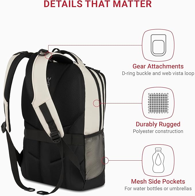 SWISSGEAR Cecil 18-Inch Laptop Backpack Fits 16-Inch Laptop, Travel Daypack with Organizer Pockets, Water Bottle Holders & Padded Straps – Cream/Black